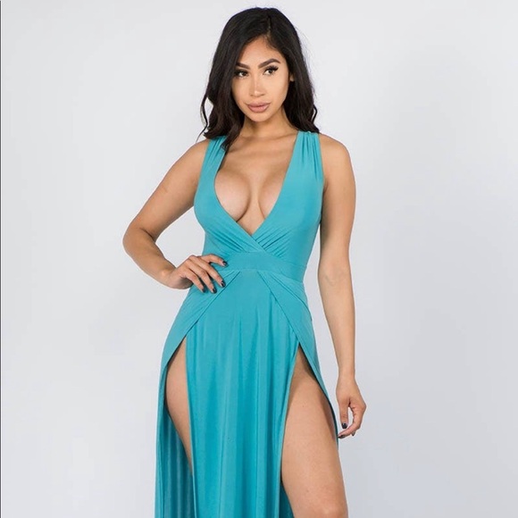NEW TRENDY TEAL V NECK TANK TOP DOUBLE HIGH SLIT MAXI DRESS - Picture 4 of 8